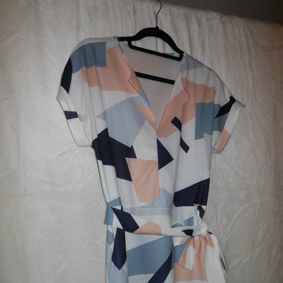 Abstract Geometric Print Tie-belt Dress Blue Pink White - Size XL - Picture 5 of 8